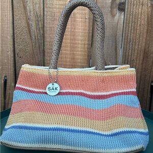 The Sak Striped Knit Tote in Coral, Light Blue & Tan